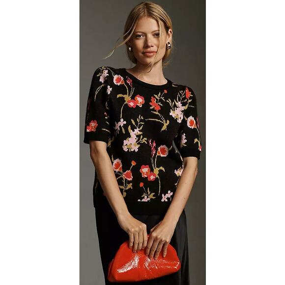 Maeve by Anthropologie Short Sleeve Harmon Jacquard Floral Sweater Womens XL - Picture 1 of 8